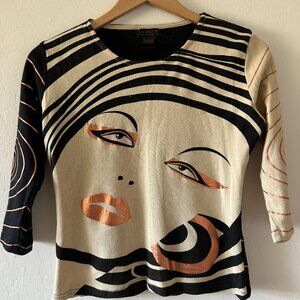 Custo Barcelona Top Women's Size Small Graphic 3/4 Sleeve Tee, Black & Tan